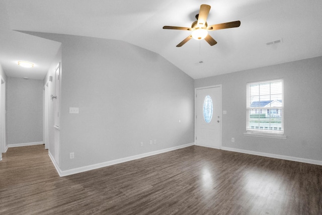 unfurnished living room with ceiling fan, dark hardwood / wood-style flooring, and lofted ceiling