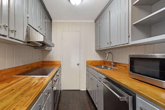 kitchen with gray cabinetry, wood counters, crown molding, sink, and appliances with stainless steel finishes