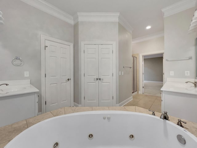 bathroom with crown molding, tile patterned flooring, vanity, and independent shower and bath