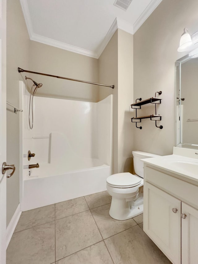 full bathroom featuring ornamental molding, vanity, bathing tub / shower combination, tile patterned flooring, and toilet