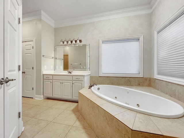 bathroom with tile patterned floors, crown molding, vanity, and a relaxing tiled tub