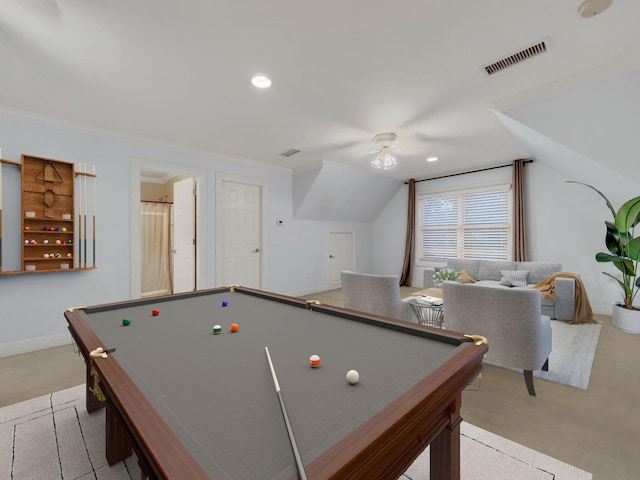 recreation room with ceiling fan, crown molding, and pool table