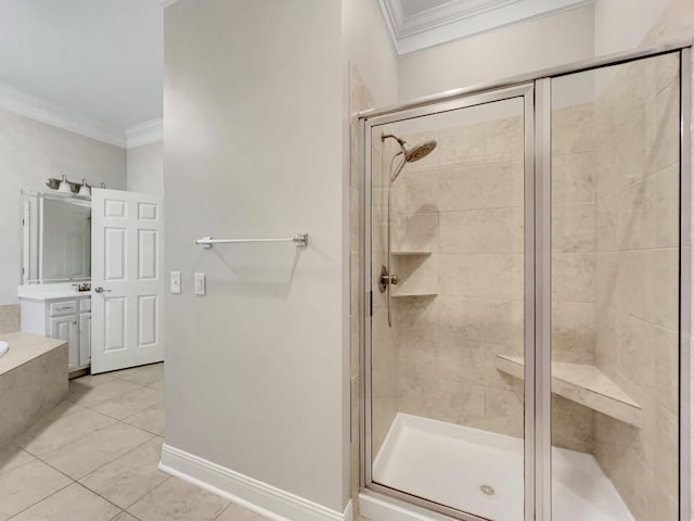 bathroom featuring tile patterned floors, independent shower and bath, and ornamental molding