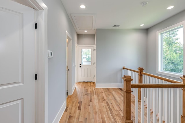 hallway featuring light wood-type flooring and a healthy amount of sunlight