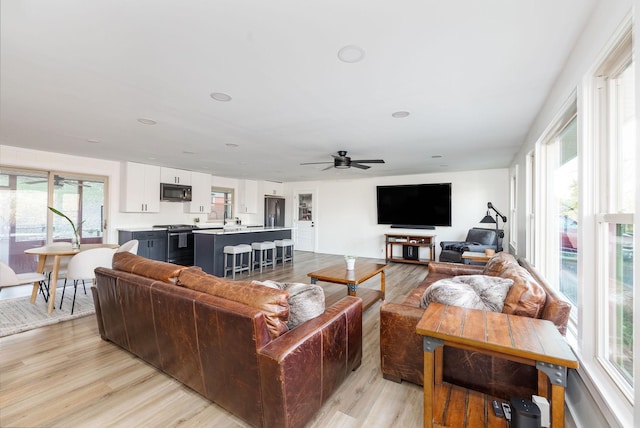 living room with light hardwood / wood-style flooring and ceiling fan