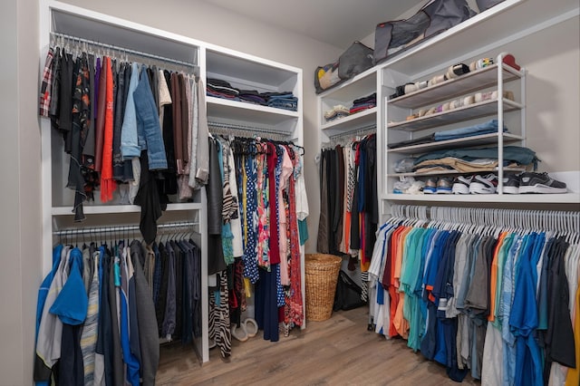 walk in closet with hardwood / wood-style floors