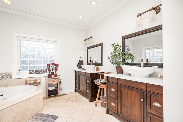 bathroom with vanity, a relaxing tiled tub, tile patterned floors, and ornamental molding