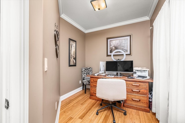 office space featuring crown molding and light hardwood / wood-style floors