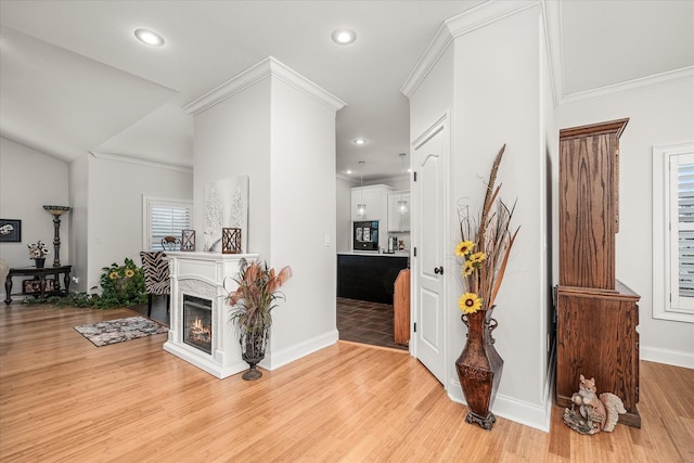 interior space featuring lofted ceiling, light hardwood / wood-style floors, and crown molding