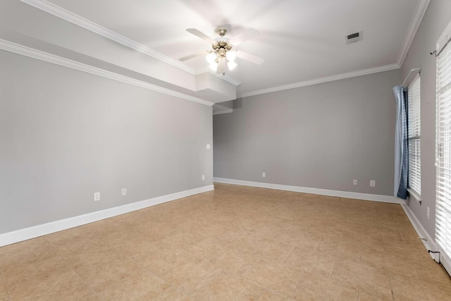 empty room featuring light tile patterned floors, ceiling fan, and crown molding