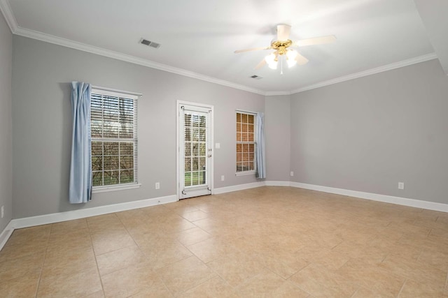 unfurnished room featuring ceiling fan and crown molding