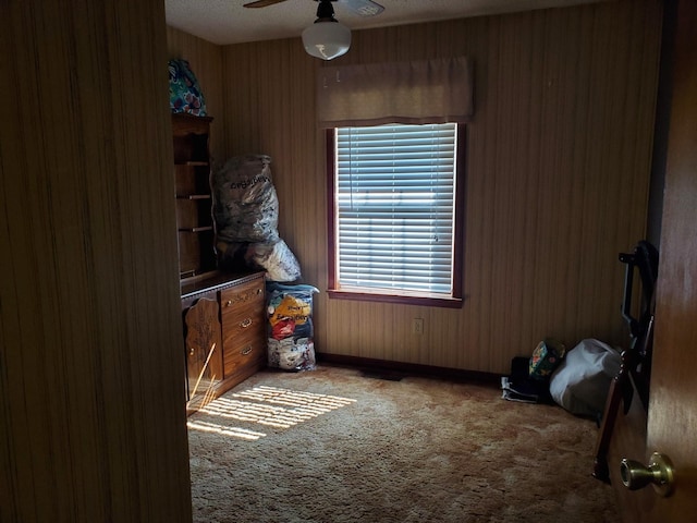 2055 Chisholm Rd, Iron City, TN 38463 - unfurnished bedroom with carpet flooring, a ceiling fan, and wooden walls