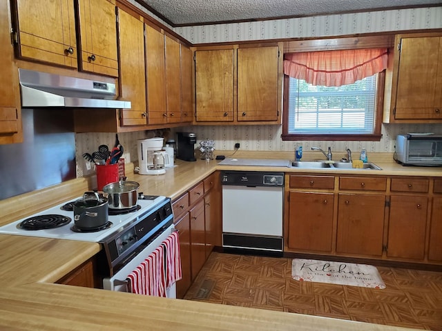 2055 Chisholm Rd, Iron City, TN 38463 - kitchen featuring white dishwasher, range with electric cooktop, light countertops, under cabinet range hood, and brown cabinets