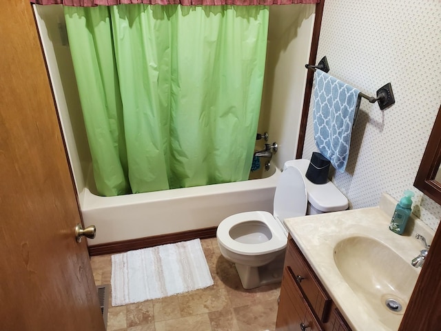 full bathroom featuring vanity, toilet, and shower / bathtub combination with curtain