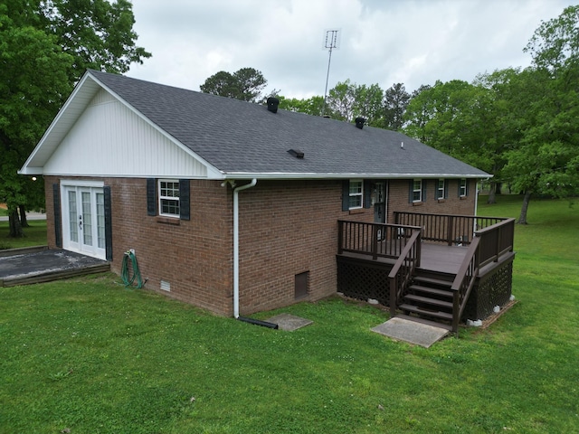 2055 Chisholm Rd, Iron City, TN 38463 - back of house featuring french doors, a wooden deck, roof with shingles, a yard, and crawl space