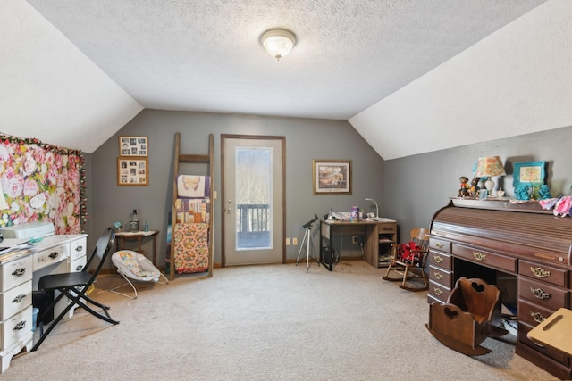 carpeted office with a textured ceiling and vaulted ceiling