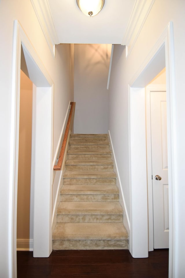 stairway with wood-type flooring and crown molding