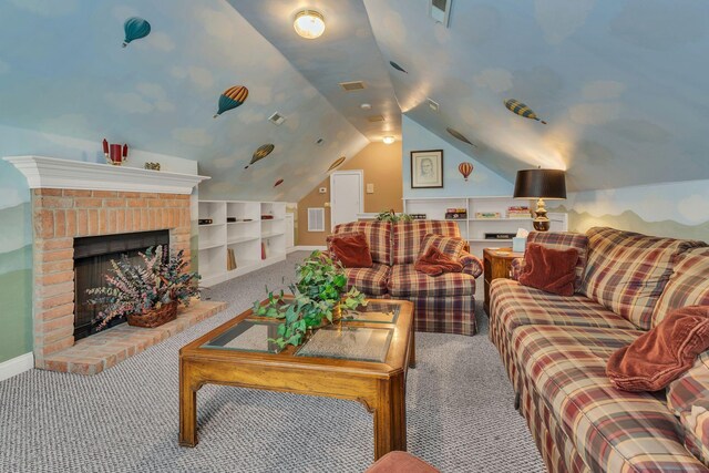 living room with carpet flooring, built in features, vaulted ceiling, and a brick fireplace