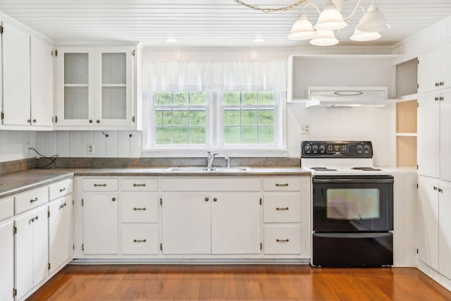 kitchen with pendant lighting, white cabinets, ventilation hood, sink, and white electric stove