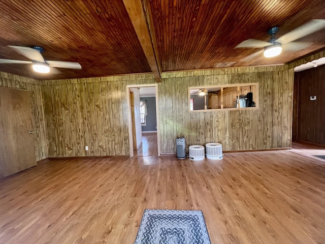 unfurnished living room with hardwood / wood-style flooring, wood ceiling, and wooden walls