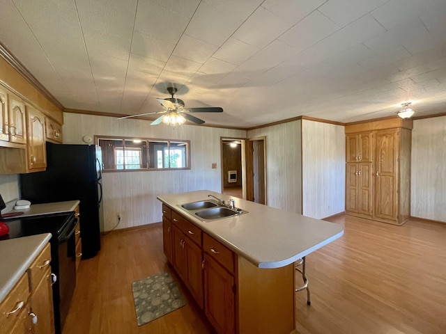 kitchen featuring sink, black electric range, crown molding, an island with sink, and light hardwood / wood-style floors