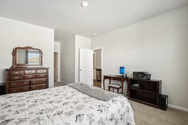 bedroom featuring light colored carpet