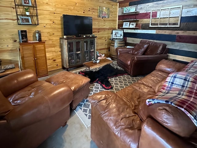 living room featuring wooden walls