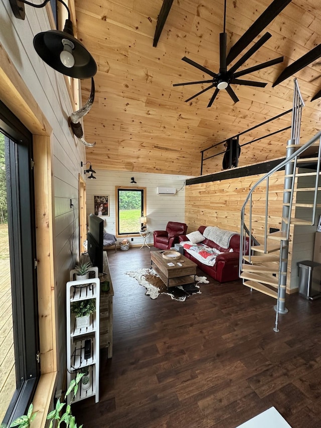 interior space featuring dark wood-type flooring, high vaulted ceiling, wood walls, and wood ceiling