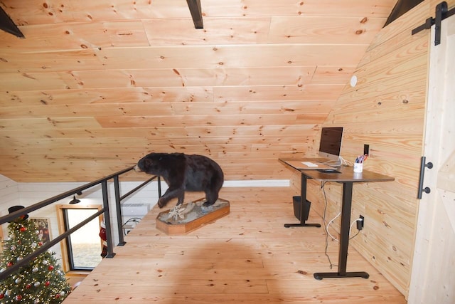 interior space with wood-type flooring, wood ceiling, lofted ceiling, and wood walls