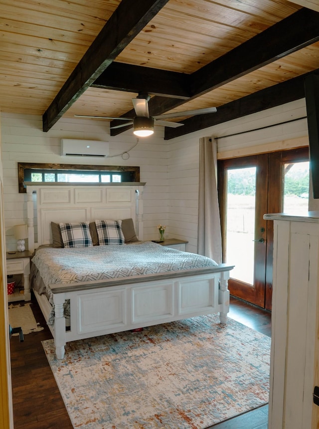 bedroom with beamed ceiling, dark hardwood / wood-style floors, ceiling fan, and wooden ceiling