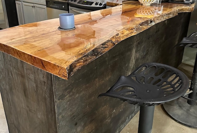 bar with concrete floors and stainless steel appliances