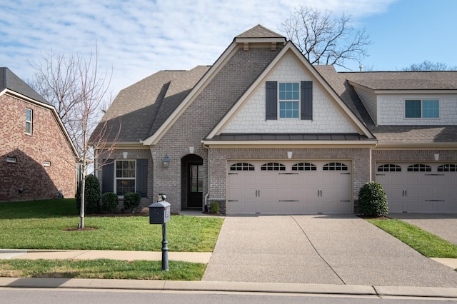 view of front of property featuring a garage and a front lawn