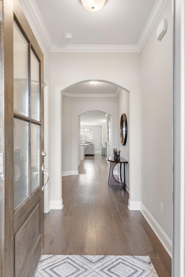 entrance foyer featuring dark hardwood / wood-style floors and ornamental molding