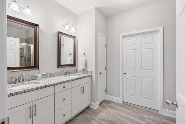 bathroom featuring vanity and a shower with door