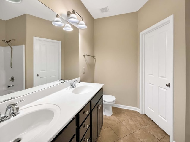 full bathroom featuring tile patterned flooring, vanity, toilet, and shower / washtub combination