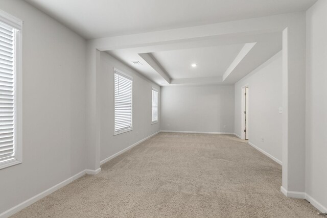 carpeted spare room featuring a raised ceiling