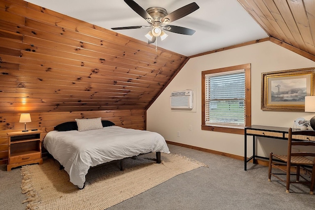 bedroom with carpet flooring, an AC wall unit, ceiling fan, and wooden ceiling