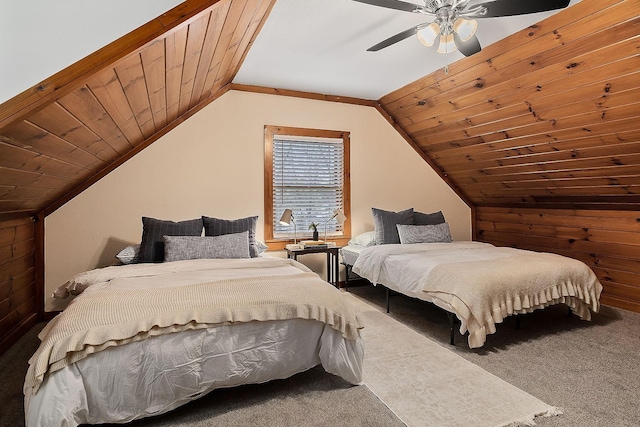 bedroom featuring carpet floors, vaulted ceiling, ceiling fan, and wooden ceiling