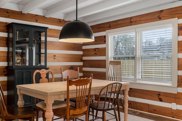 dining room with beam ceiling, wooden ceiling, and wood walls