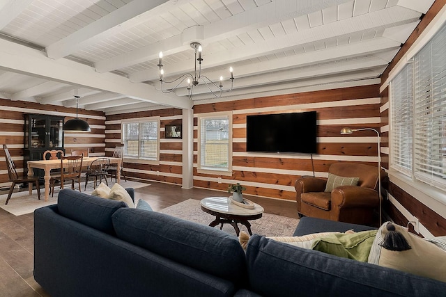 living room with an inviting chandelier, beamed ceiling, wood walls, hardwood / wood-style floors, and wood ceiling