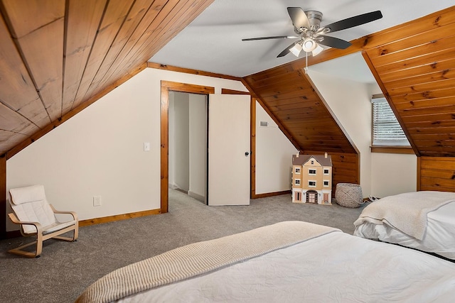 carpeted bedroom featuring lofted ceiling, ceiling fan, and wooden ceiling