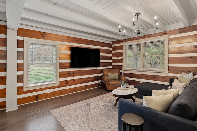 living room featuring beam ceiling, wooden ceiling, an inviting chandelier, dark hardwood / wood-style floors, and wooden walls