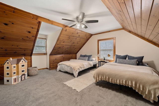 bedroom featuring ceiling fan, lofted ceiling, carpet floors, and wooden ceiling