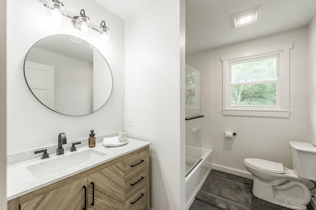 full bathroom featuring shower / washtub combination, vanity, and toilet