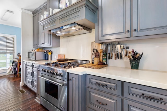 kitchen with high end range, premium range hood, dark hardwood / wood-style floors, gray cabinets, and ornamental molding