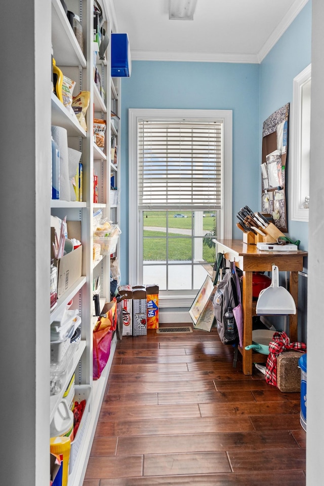 game room with dark wood-type flooring and crown molding