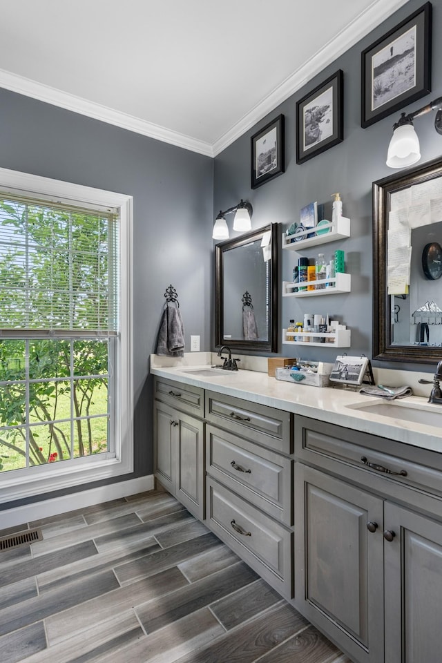 bathroom featuring vanity, hardwood / wood-style flooring, and crown molding