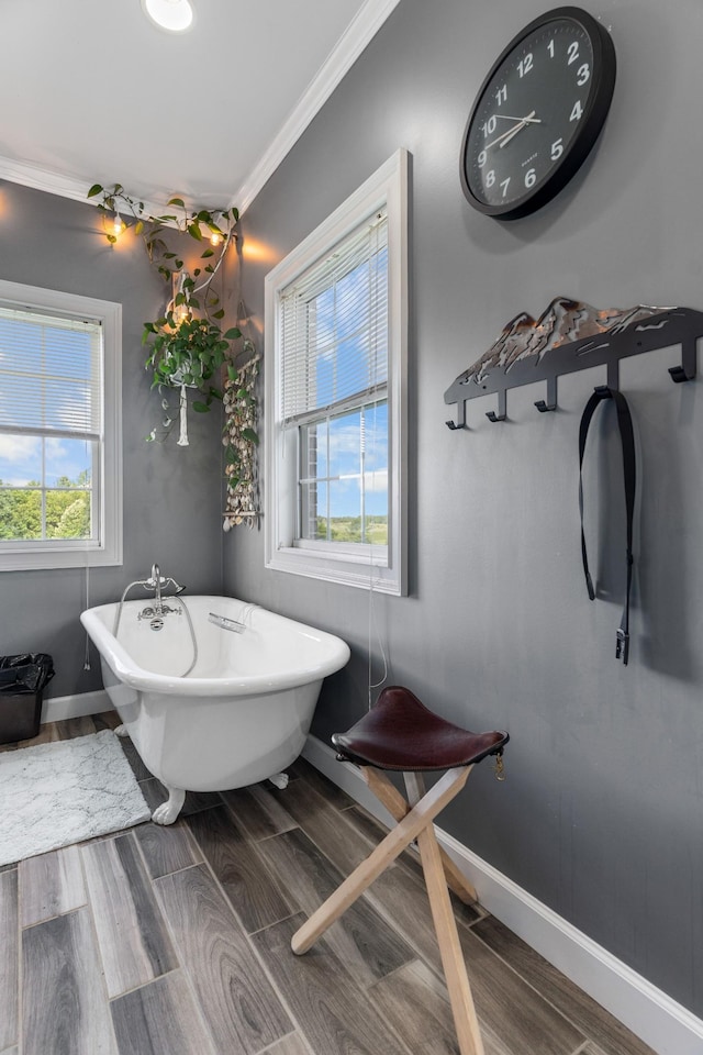 bathroom with crown molding and a bath