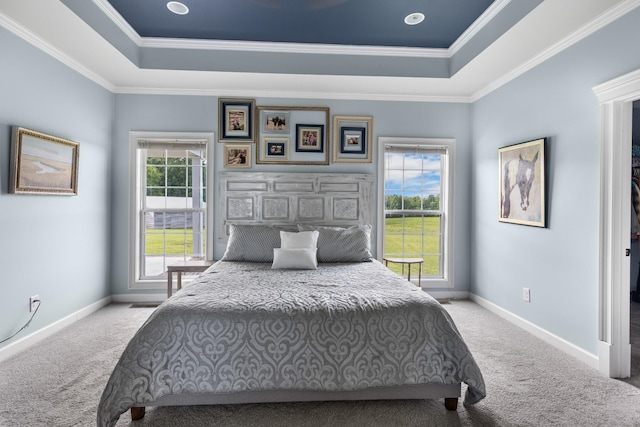 bedroom with carpet flooring, a raised ceiling, and crown molding