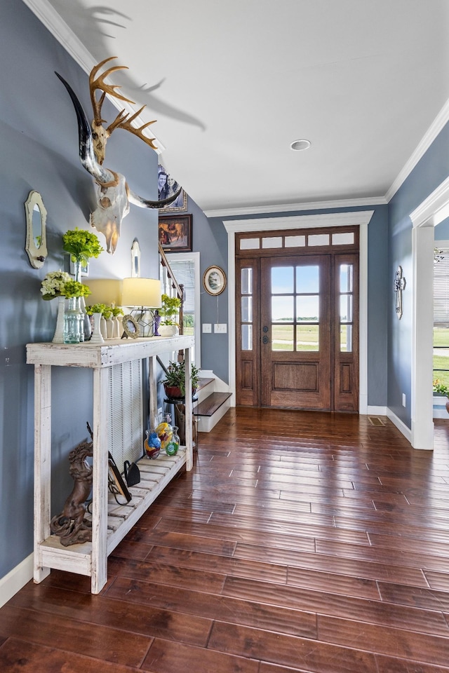 entryway with dark hardwood / wood-style floors and ornamental molding